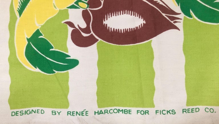 Wavy Green Striped Barkcloth with Tropical Banana Leaf Pattern - 3