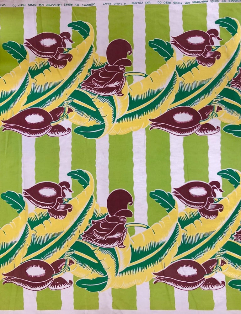 Wavy Green Striped Barkcloth with Tropical Banana Leaf Pattern - 5