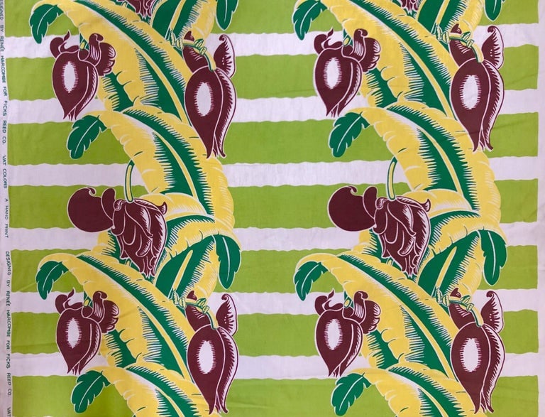 Wavy Green Striped Barkcloth with Tropical Banana Leaf Pattern - 6