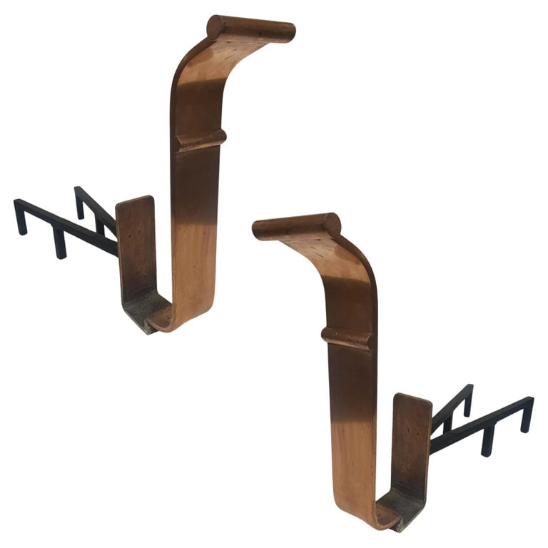 High Style Art Deco Modernist Copper and Iron Firedogs / Andirons , Pair - 2