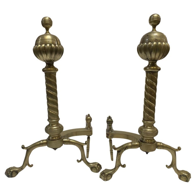 Pair of Brass Belted Ball-top and Spiral Turned Clawfoot Andirons - 2