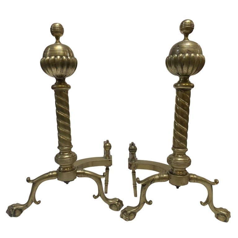 Pair of Brass Belted Ball-top and Spiral Turned Clawfoot Andirons - 3