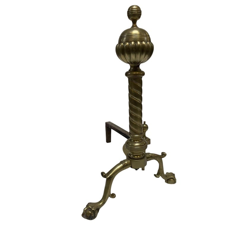 Pair of Brass Belted Ball-top and Spiral Turned Clawfoot Andirons - 4