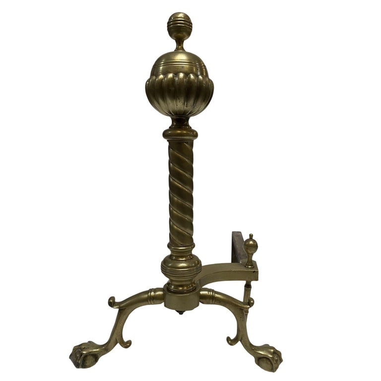 Pair of Brass Belted Ball-top and Spiral Turned Clawfoot Andirons - 5
