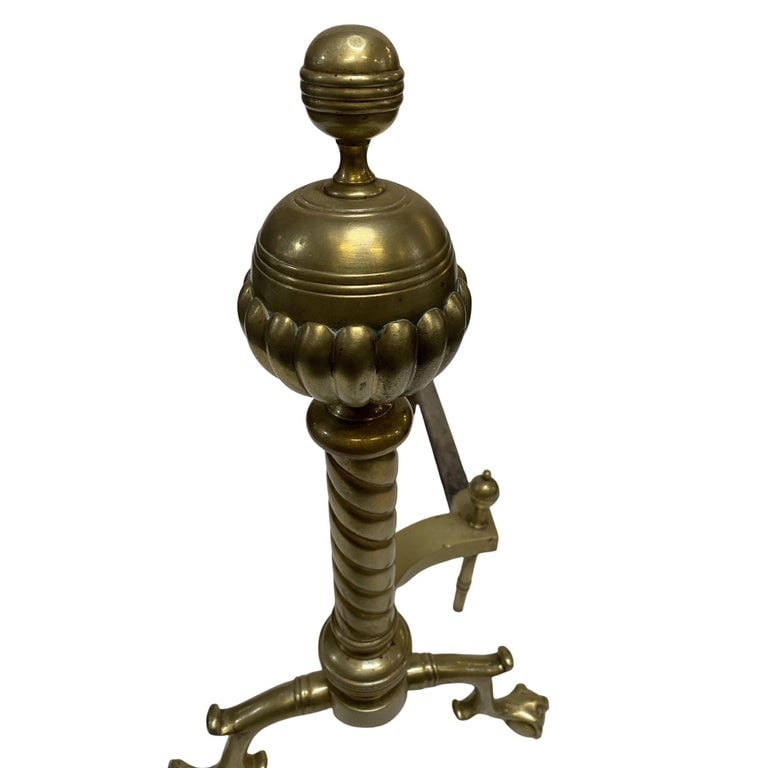 Pair of Brass Belted Ball-top and Spiral Turned Clawfoot Andirons - 7