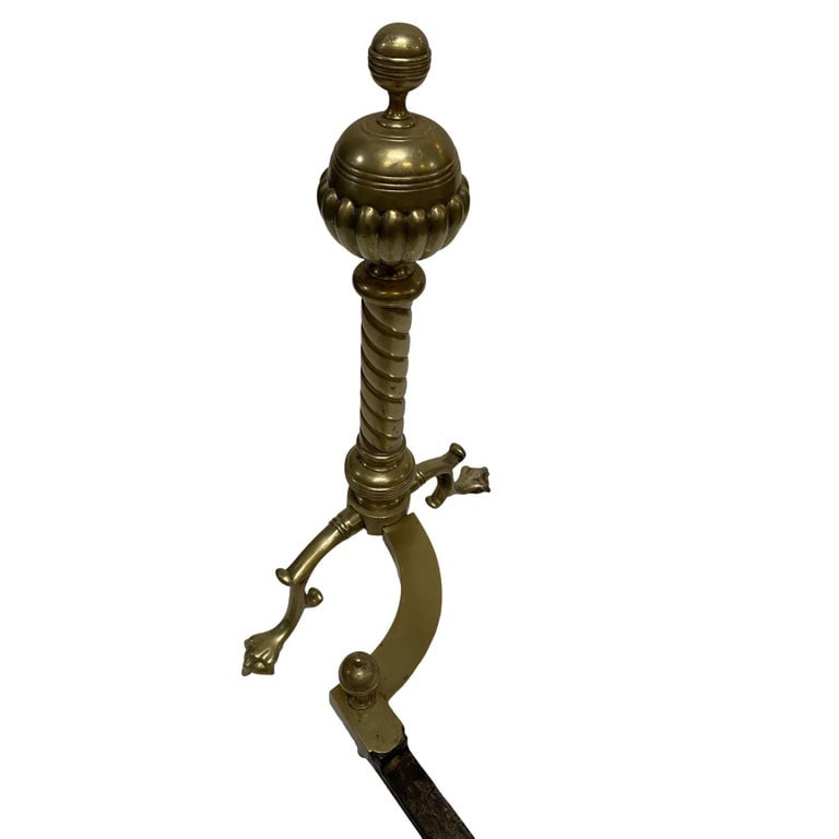 Pair of Brass Belted Ball-top and Spiral Turned Clawfoot Andirons - 9
