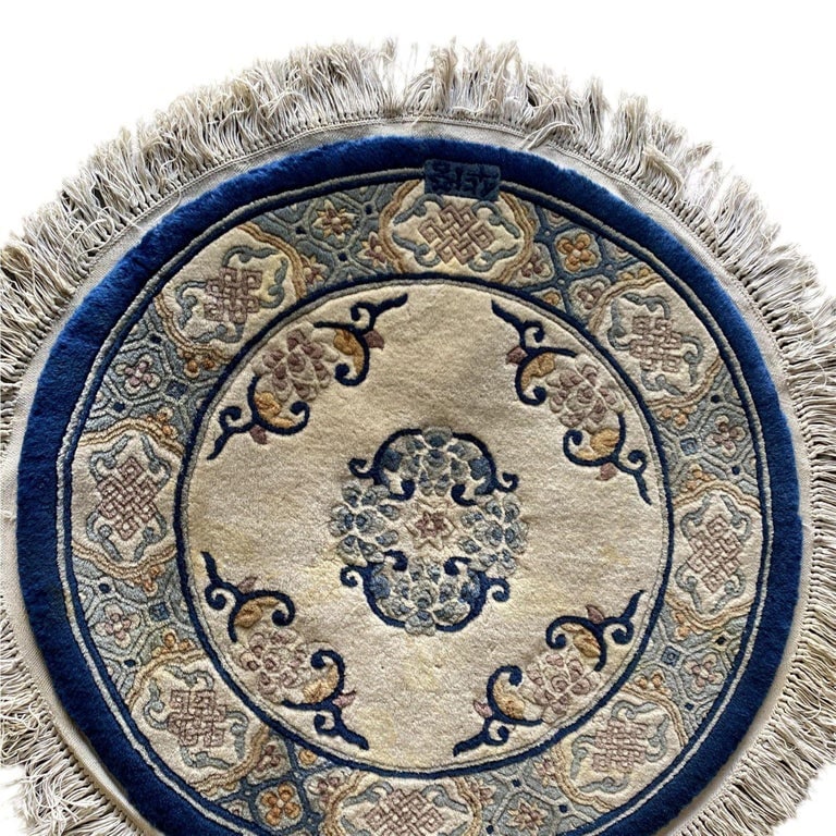 Post War Deep Pile Hand Knotted Silk Round Asian Rug, Signed - 3
