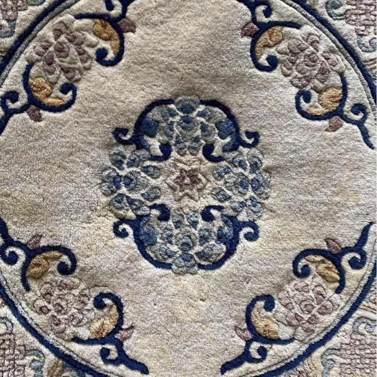 Post War Deep Pile Hand Knotted Silk Round Asian Rug, Signed - 4