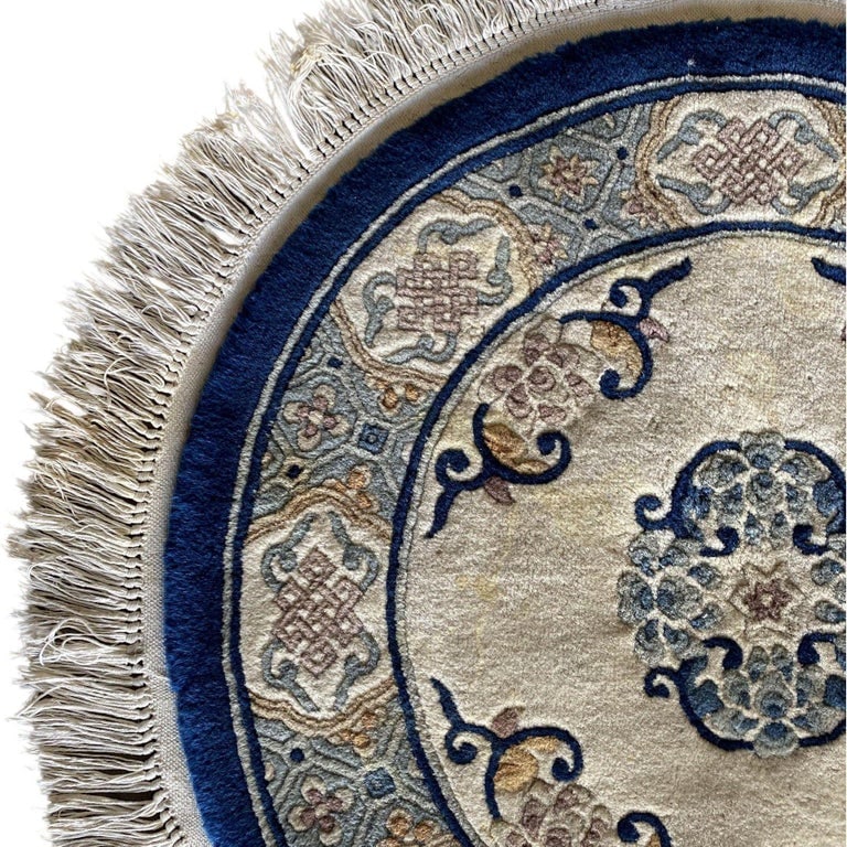 Post War Deep Pile Hand Knotted Silk Round Asian Rug, Signed - 5