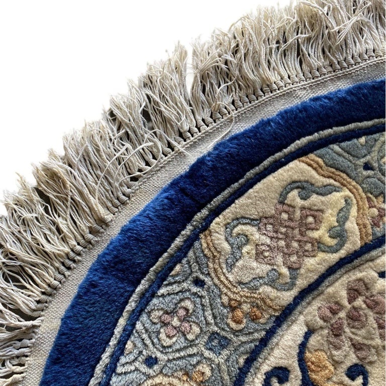 Post War Deep Pile Hand Knotted Silk Round Asian Rug, Signed - 6