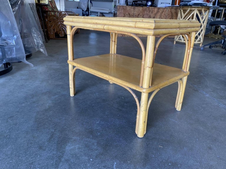Restored Stick Rattan Two-Tier Coffee Table with Ribbed Glass Top - 3