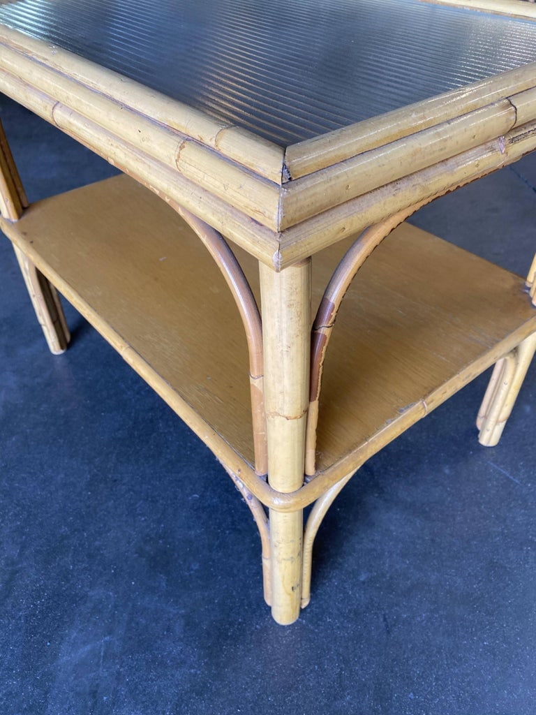Restored Stick Rattan Two-Tier Coffee Table with Ribbed Glass Top - 5