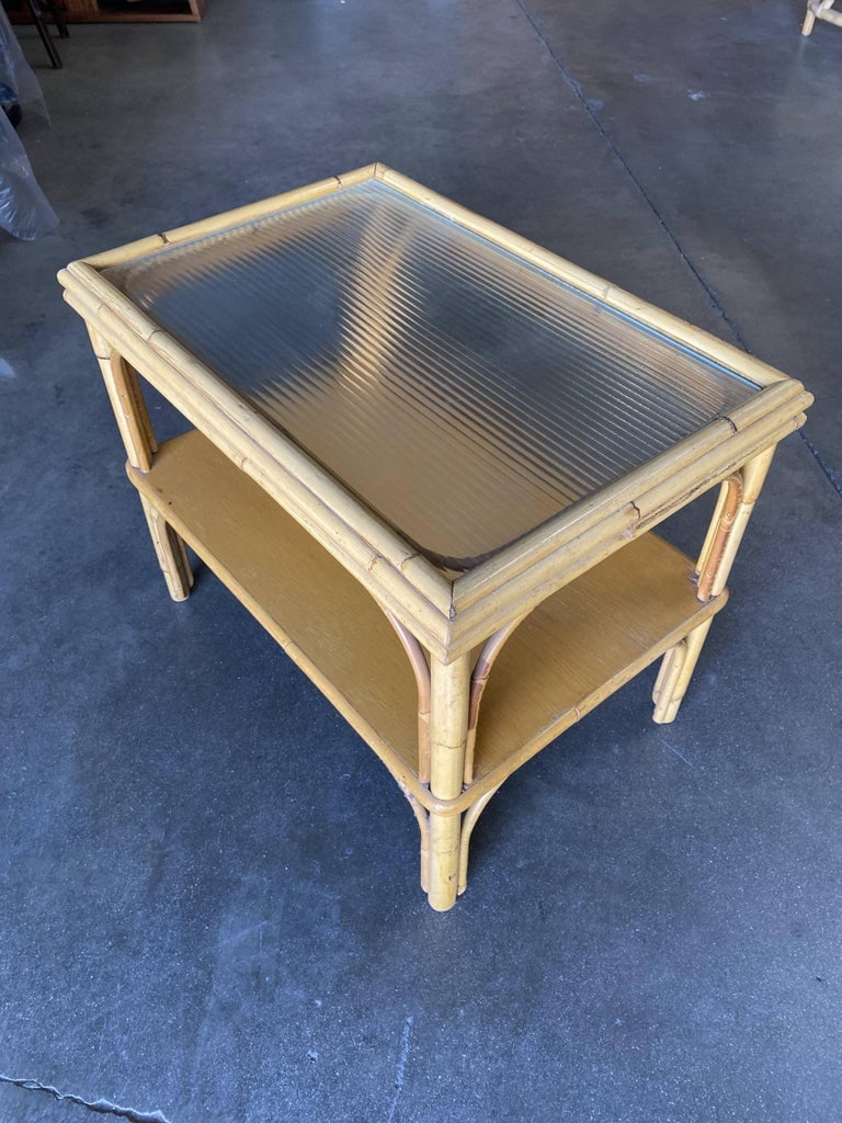 Restored Stick Rattan Two-Tier Coffee Table with Ribbed Glass Top - 6