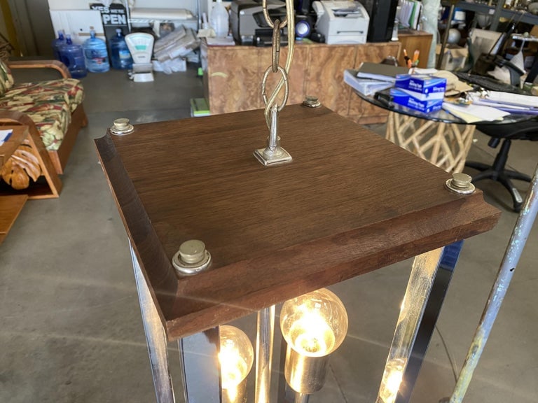 1970s Post Modern Teak and Chrome Pendant Light Fixture, Pair - 11