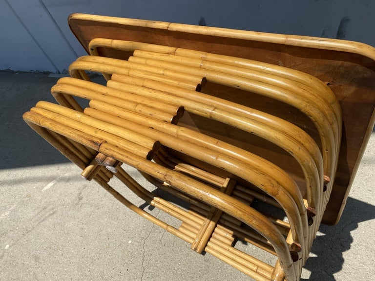 Restored Stacked Slat Rattan Cocktail Table with Cutouts and Mahogany Top - 5