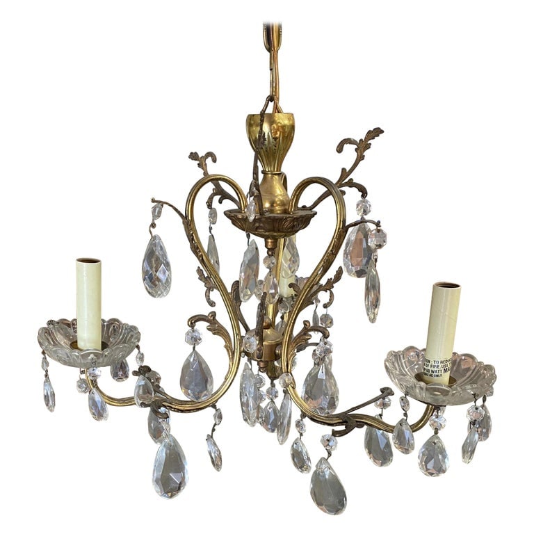 Hollywood Regency Crystal and Brass Chandelier Three Lights - 2