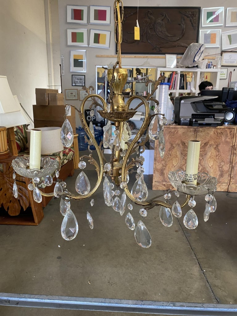 Hollywood Regency Crystal and Brass Chandelier Three Lights - 3