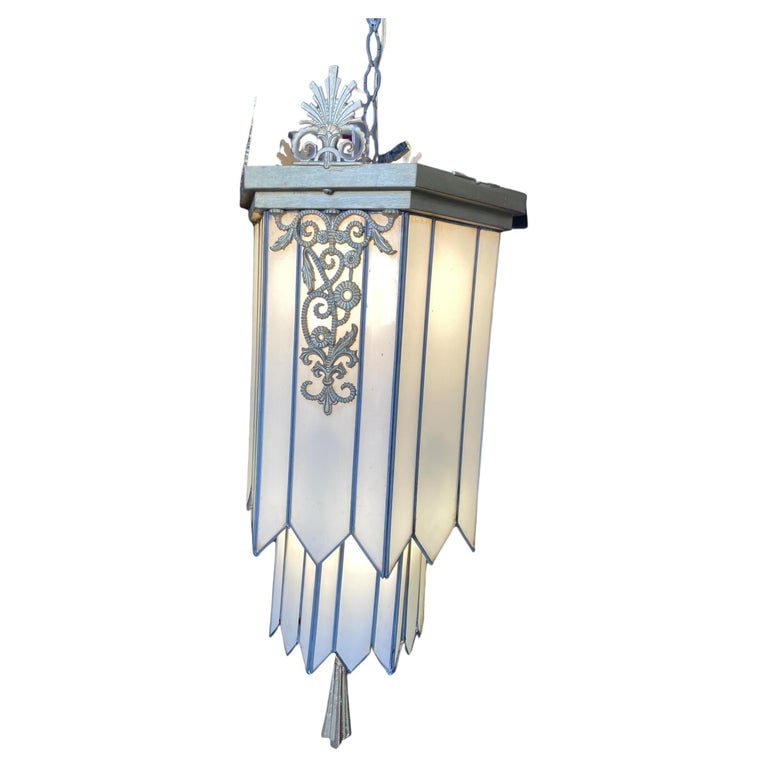 Large Geometric Art Deco Leaded Glass Chandelier w/ Scrolling Top, Available 4 - 2