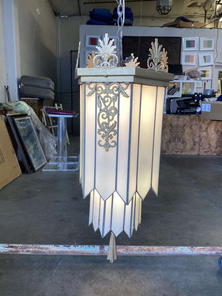 Large Geometric Art Deco Leaded Glass Chandelier w/ Scrolling Top, Available 4 - 3