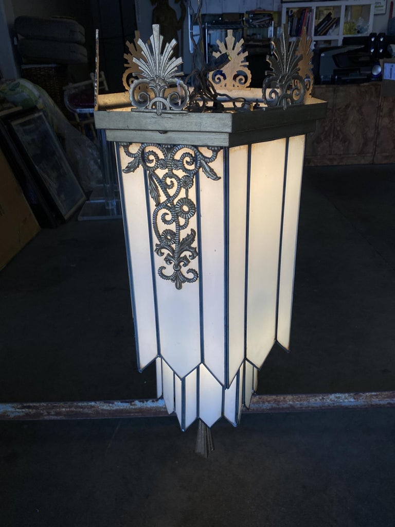 Large Geometric Art Deco Leaded Glass Chandelier w/ Scrolling Top, Available 4 - 4
