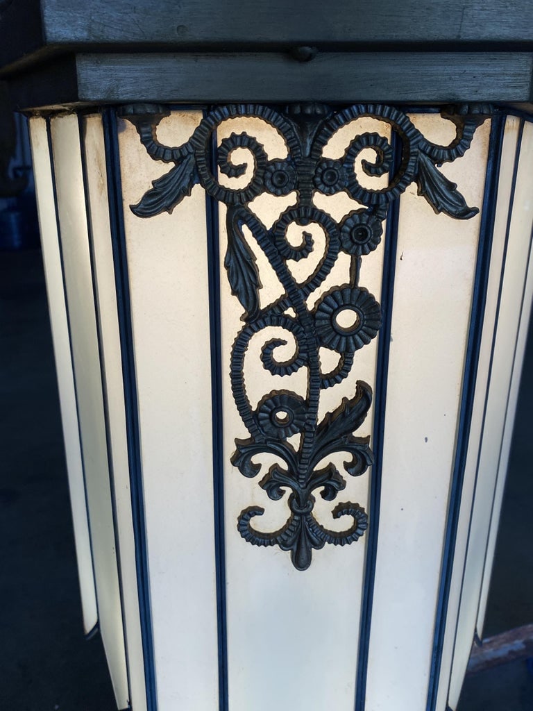 Large Geometric Art Deco Leaded Glass Chandelier w/ Scrolling Top, Available 4 - 5
