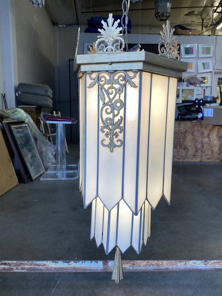 Large Geometric Art Deco Leaded Glass Chandelier w/ Scrolling Top, Available 4 - 7