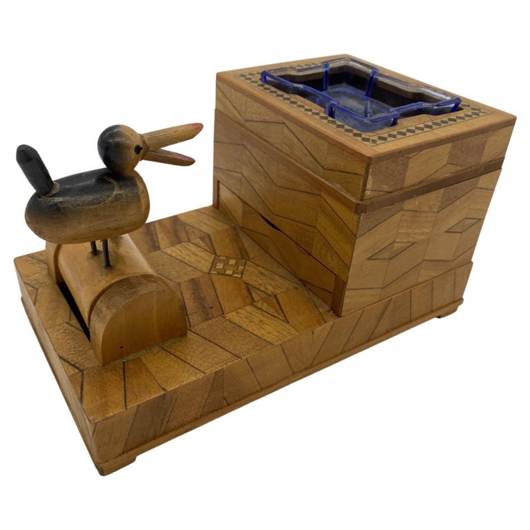 Vintage Inlay Carved Wood Cigarette Box Holder Dispenser with Ashtray and Mechan - 2