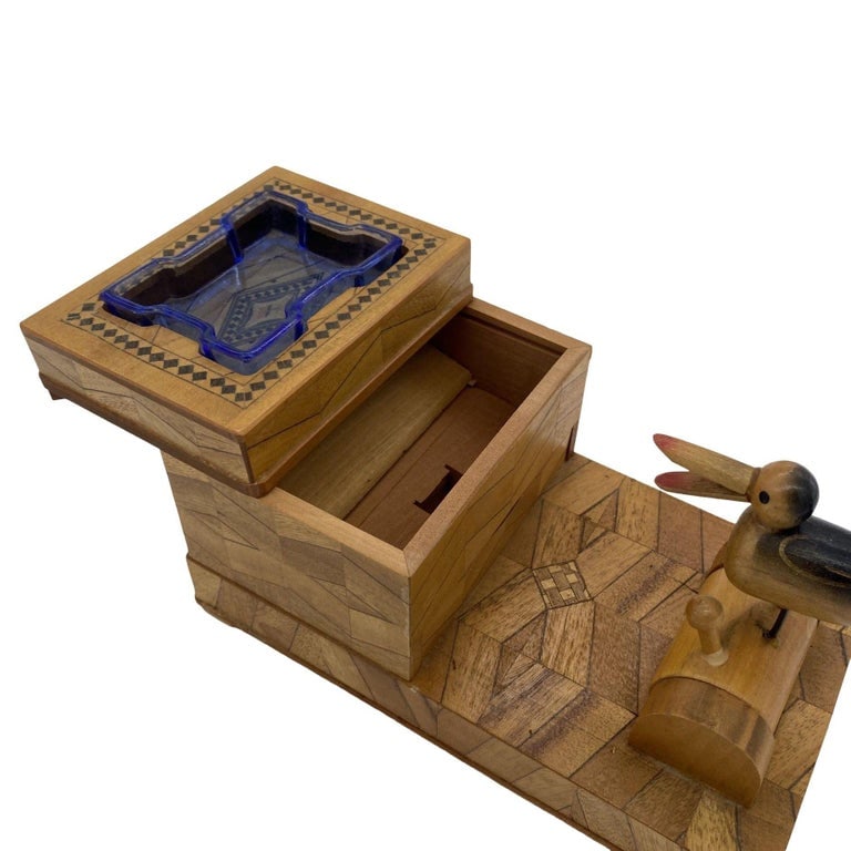 Vintage Inlay Carved Wood Cigarette Box Holder Dispenser with Ashtray and Mechan - 5