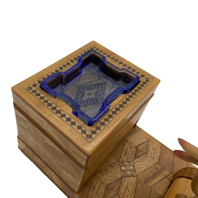 Vintage Inlay Carved Wood Cigarette Box Holder Dispenser with Ashtray and Mechan - 6