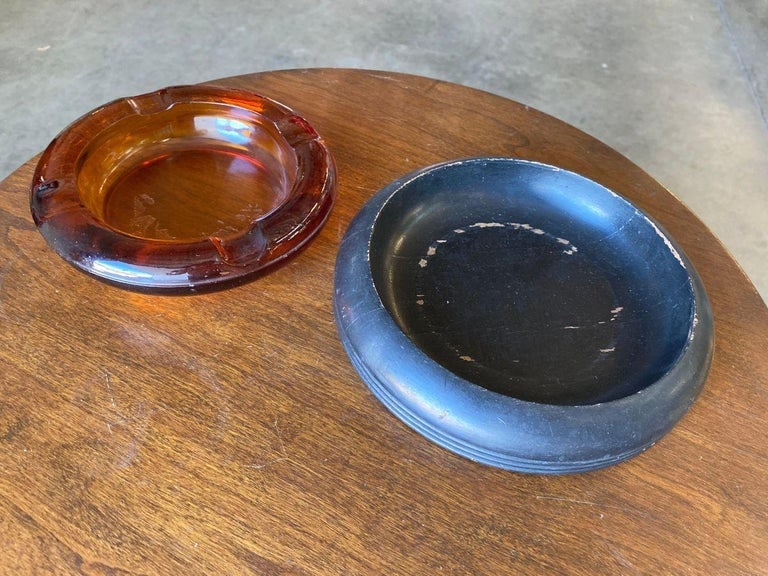 Round Dark Gold Amber 8" Glass Art Deco Ashtray w/ Ebony Holder - 4
