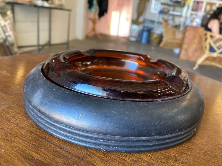 Round Dark Gold Amber 8" Glass Art Deco Ashtray w/ Ebony Holder - 5