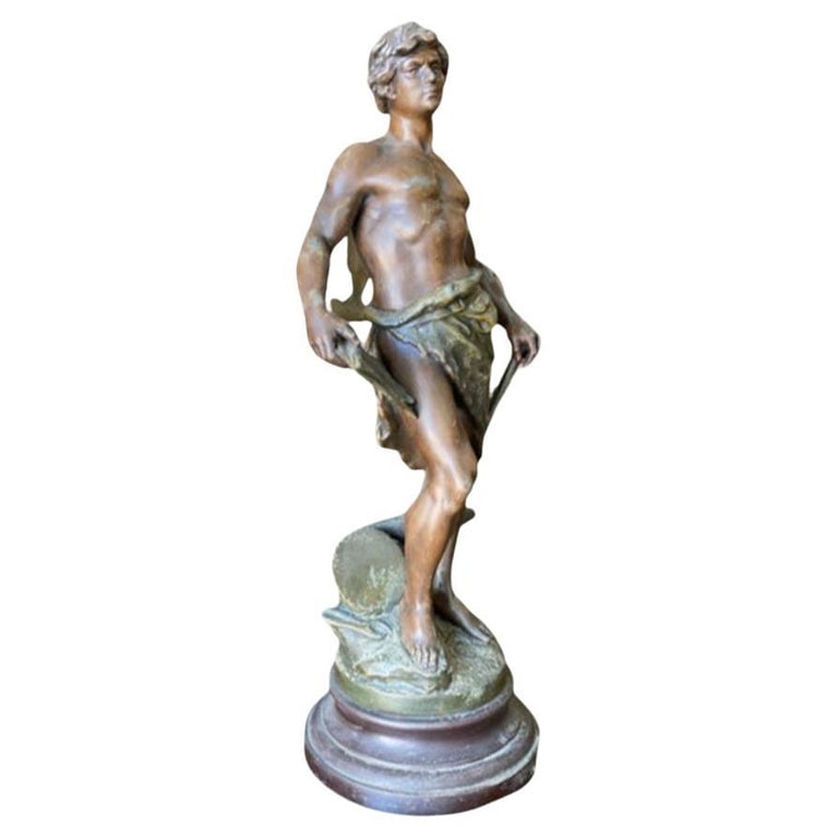 French "Le Travail" Hammership Spelter Sculpture by Francois Moreau, Circa 1900: A beautiful masculine sculpture statue of a part clothed male entitled. Francois Moreau, born 1857 at and died in 1930. Francois Moreau is a French painter and sculptor from the prolific Moreau