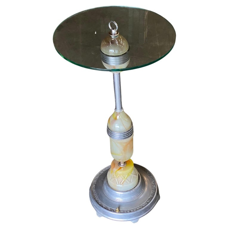 Art Deco Light up Agate Glass Illuminating Smoking Side Table Pewter cast base - 2