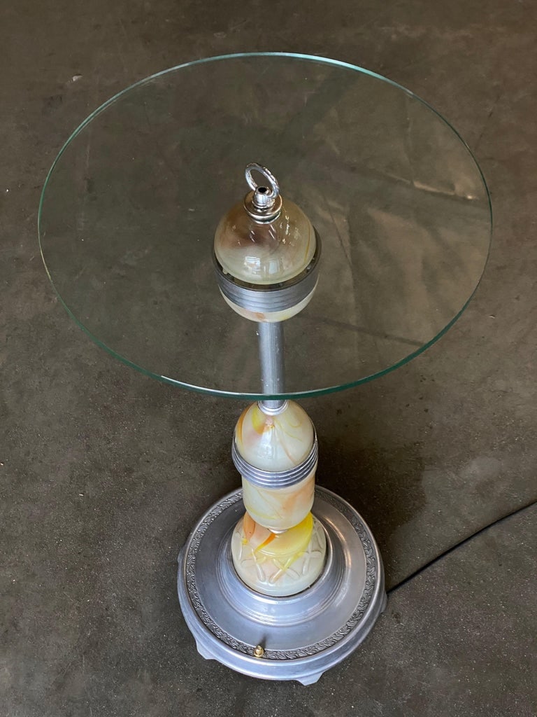 Art Deco Light up Agate Glass Illuminating Smoking Side Table Pewter cast base - 3