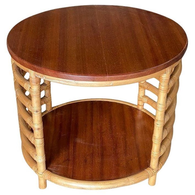 Restored Two-Tier Round Ladder Side Pole Rattan Side Table w/ Mahogany Top - 2