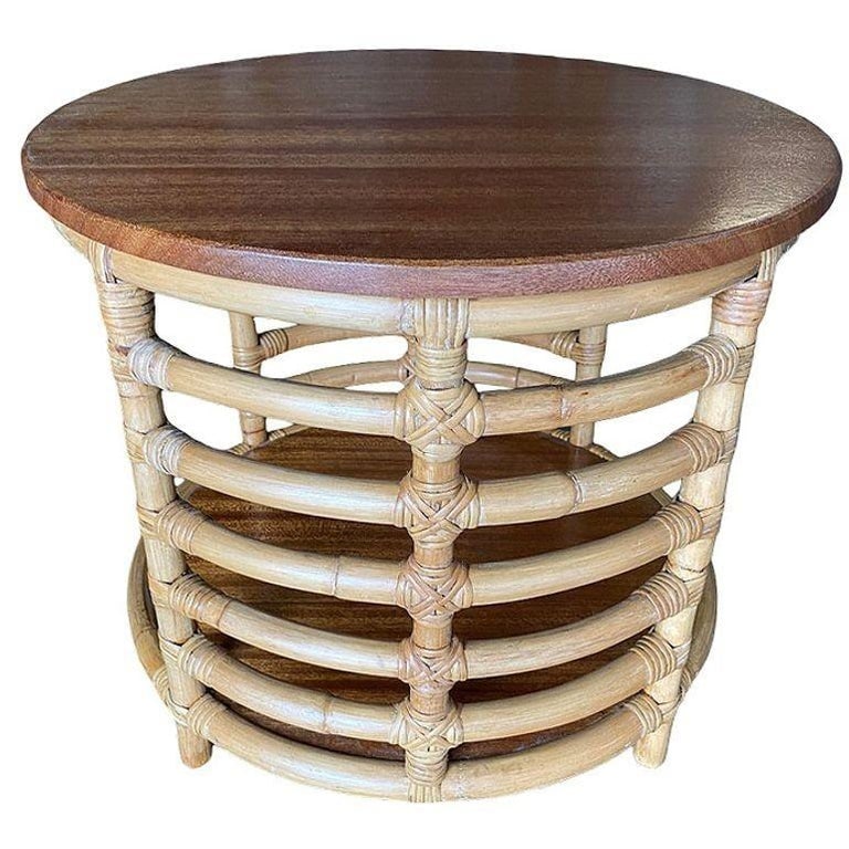 Restored Two-Tier Round Ladder Side Pole Rattan Side Table w/ Mahogany Top - 4