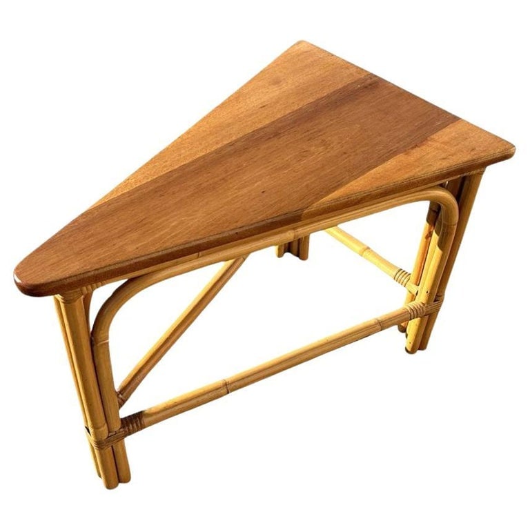 Restored Rattan Corner Wedge Table with Mahogany Tabletop - 2