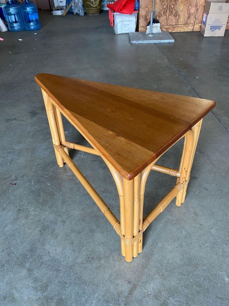 Restored Rattan Corner Wedge Table with Mahogany Tabletop - 4