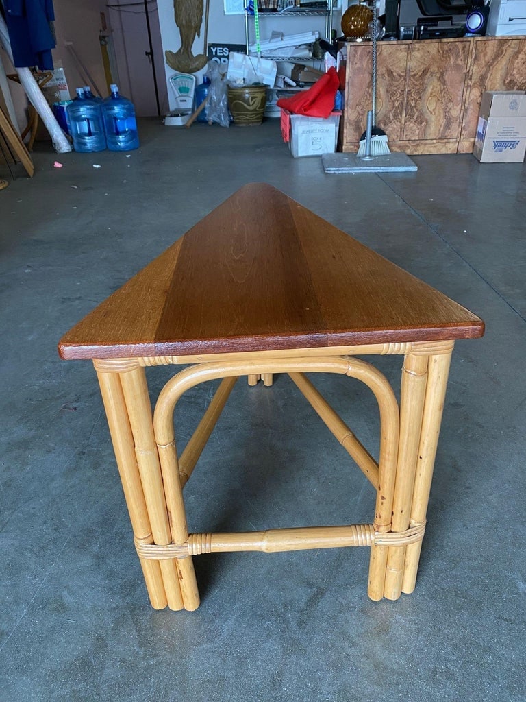 Restored Rattan Corner Wedge Table with Mahogany Tabletop - 5