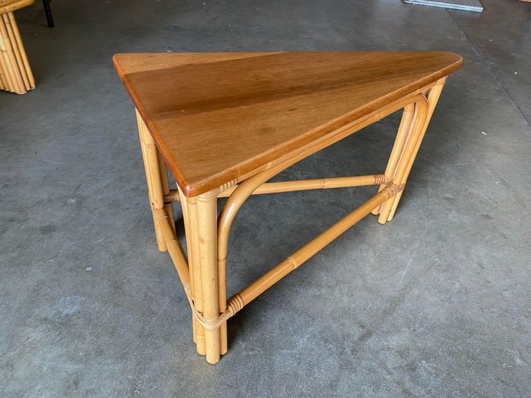 Restored Rattan Corner Wedge Table with Mahogany Tabletop - 6