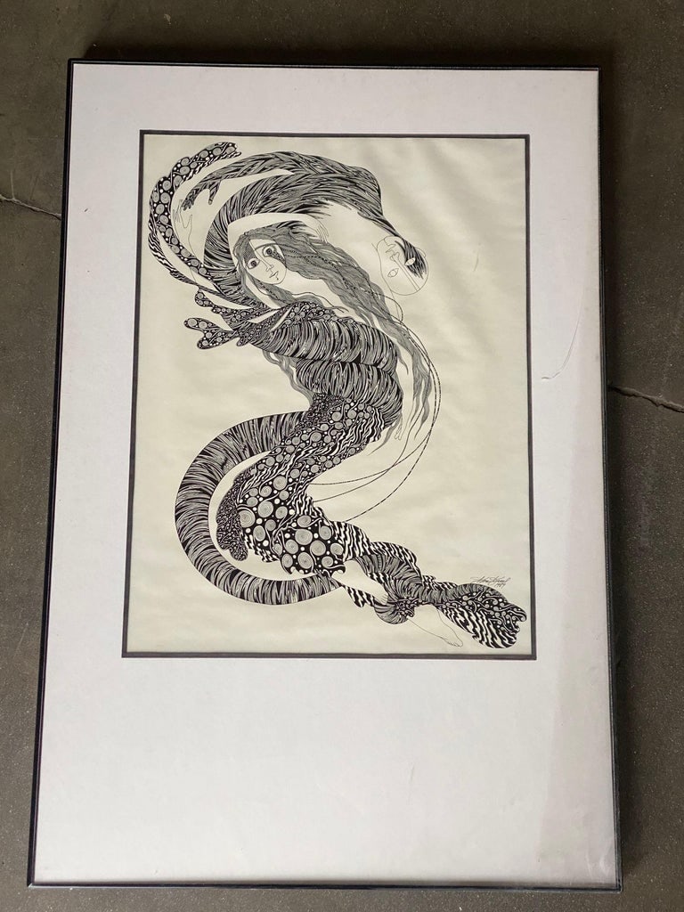 Hand Inked on Paper Surrealist Female Portrait drawing Signed Ken Kreel 1989 - 3