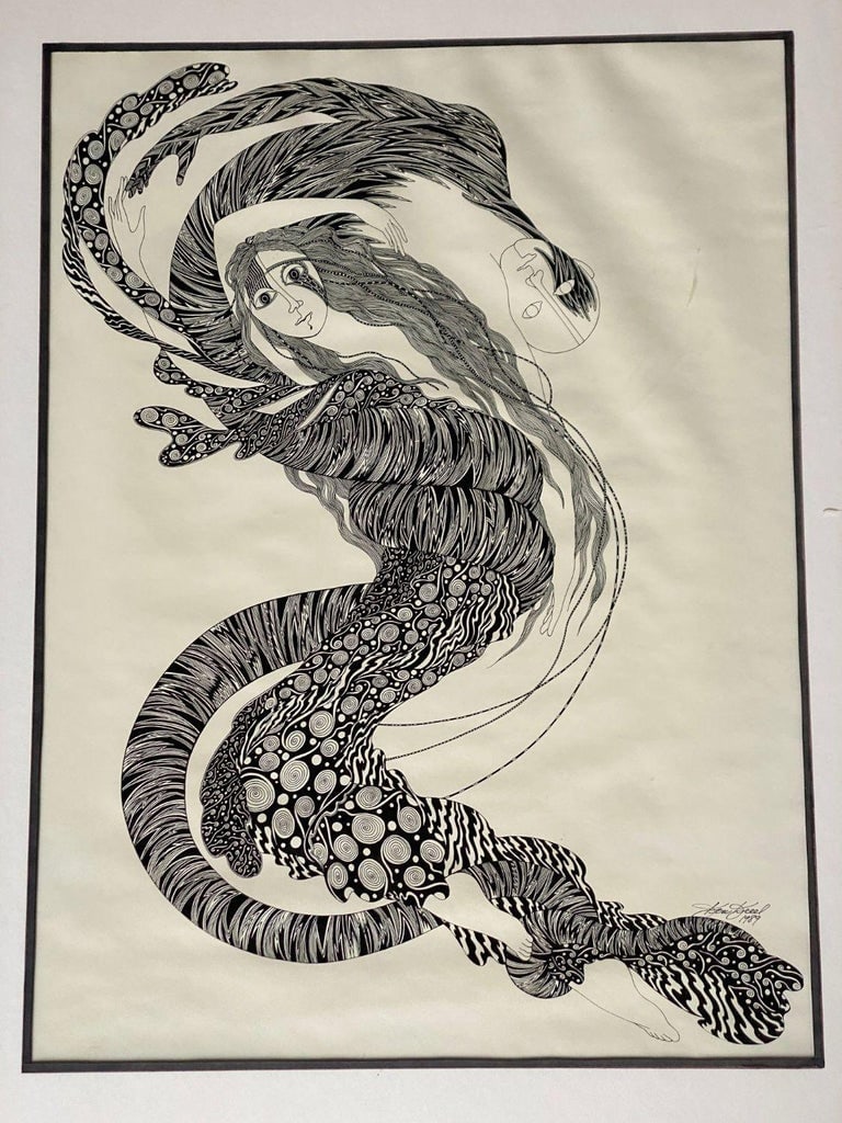Hand Inked on Paper Surrealist Female Portrait drawing Signed Ken Kreel 1989 - 4