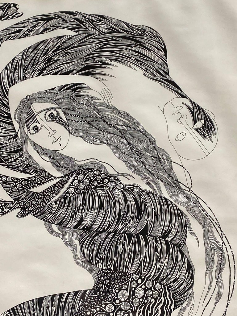 Hand Inked on Paper Surrealist Female Portrait drawing Signed Ken Kreel 1989 - 5