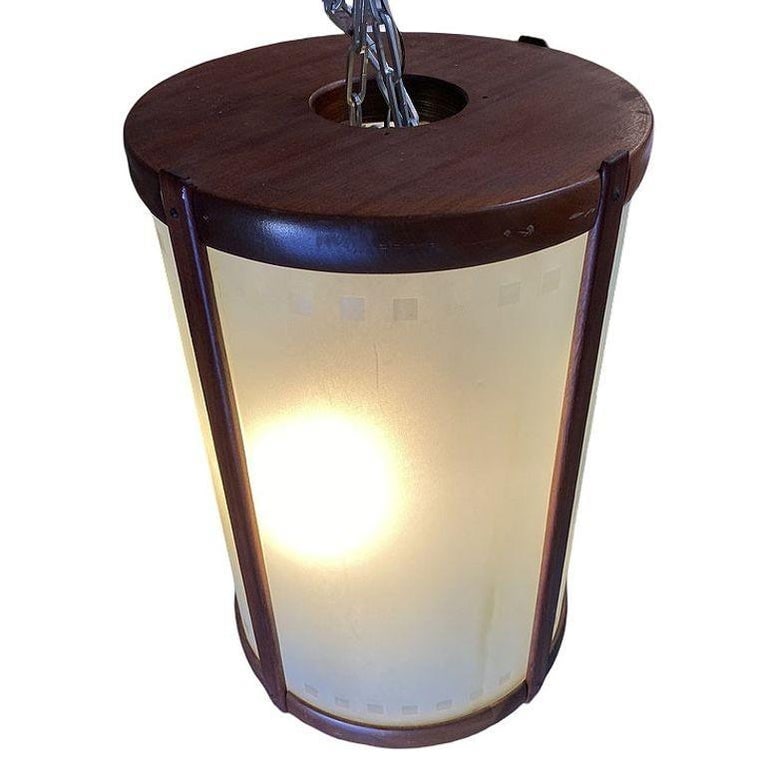 Mid-century Nakashima Style Teak Cylinder Pendant w/ Frosted Shade, 3 Available - 10
