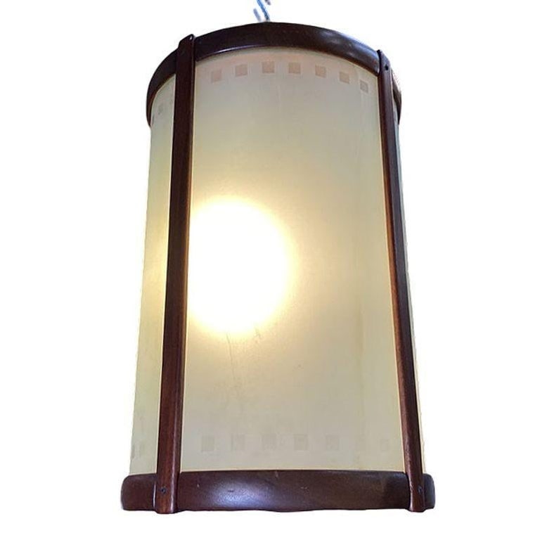 Mid-century Nakashima Style Teak Cylinder Pendant w/ Frosted Shade, 3 Available - 11