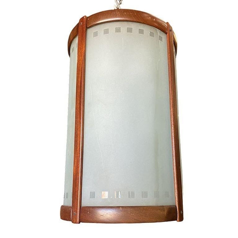 Mid-century Nakashima Style Teak Cylinder Pendant w/ Frosted Shade, 3 Available - 3