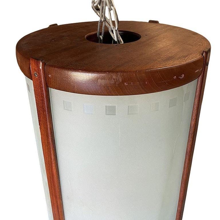 Mid-century Nakashima Style Teak Cylinder Pendant w/ Frosted Shade, 3 Available - 4