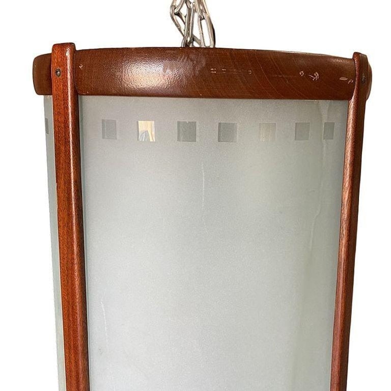 Mid-century Nakashima Style Teak Cylinder Pendant w/ Frosted Shade, 3 Available - 5
