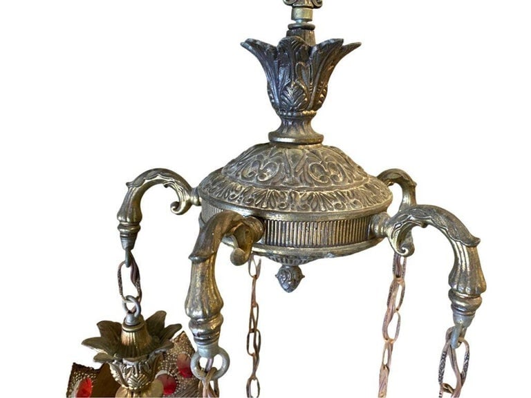 Hollywood Regency Jewel Prisms Filigree 5 Light Hanging Chandelier, Circa 1950 - 11