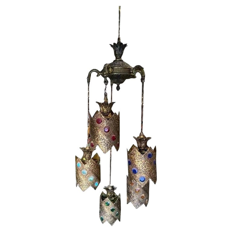 Hollywood Regency Jewel Prisms Filigree 5 Light Hanging Chandelier, Circa 1950 - 2